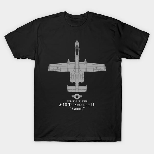 A-10 Thunderbolt II "Warthog" Tech Drawing Military Airplane T-Shirt by DesignedForFlight